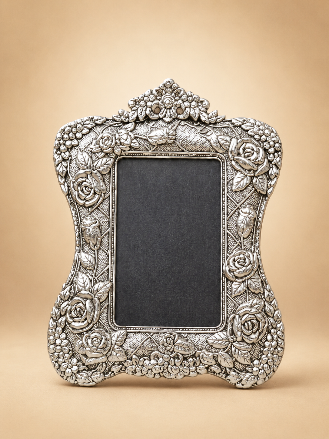 German Silver Photo Frame - Embossed Rose & Floral Design