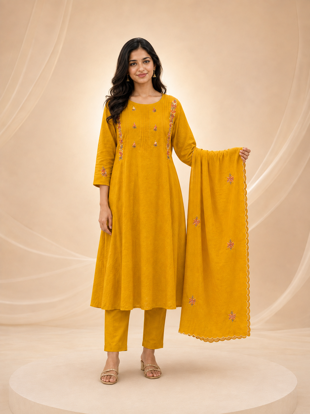 Sunshine Yellow Pintuck & Floral Embroidered 3-Piece Silk Suit Set