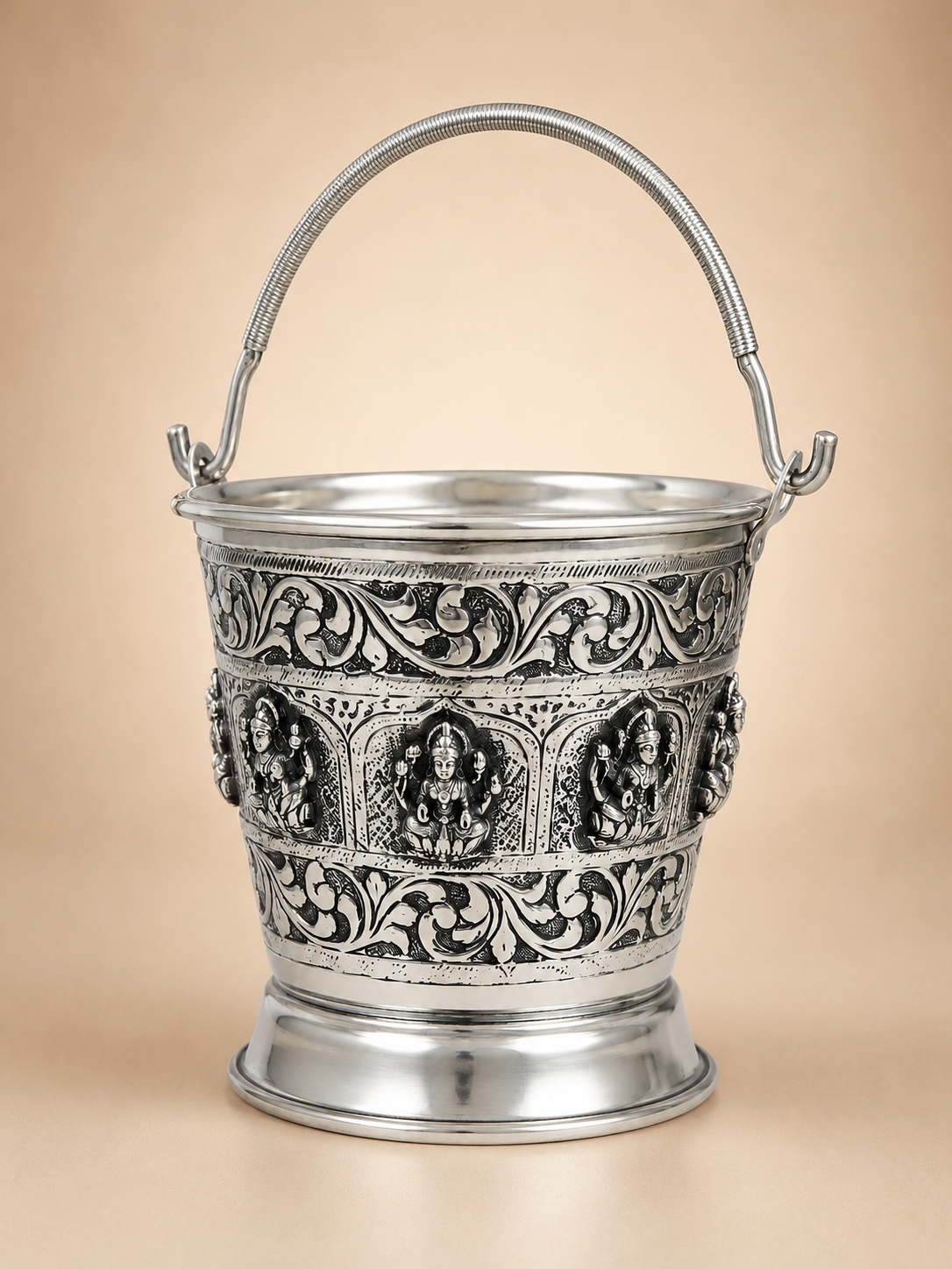 Goddess Lakshmi German Silver Bucket - Antique Embossed Design