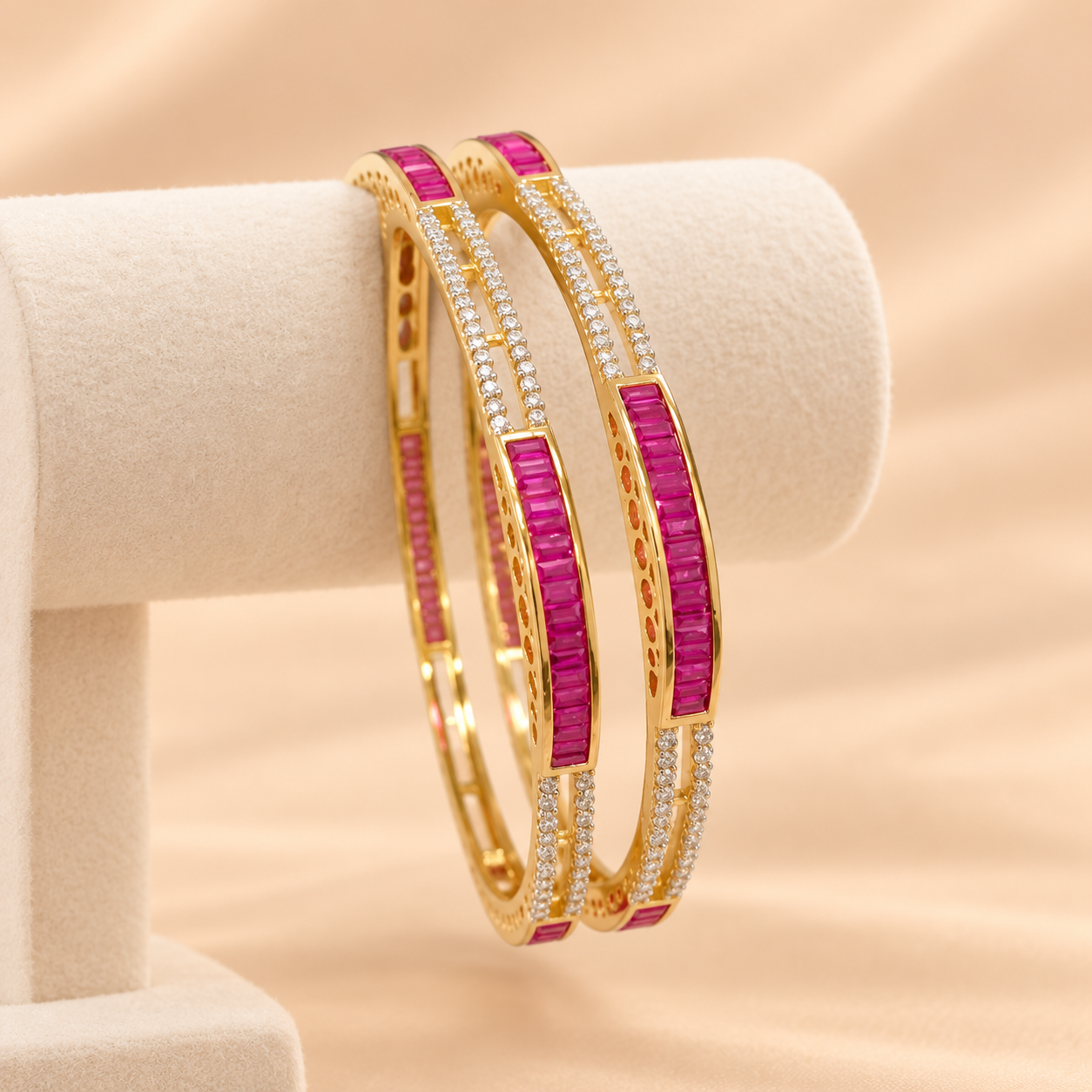 Ruby and White Stone Bangle Pair