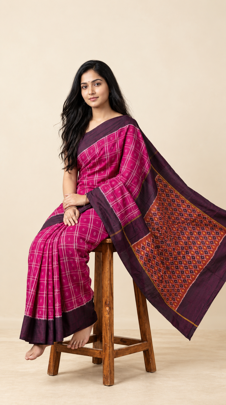 Fuchsia_and_Dark_Brown_Pochampally_Ikkat_Pure_Silk_Saree
