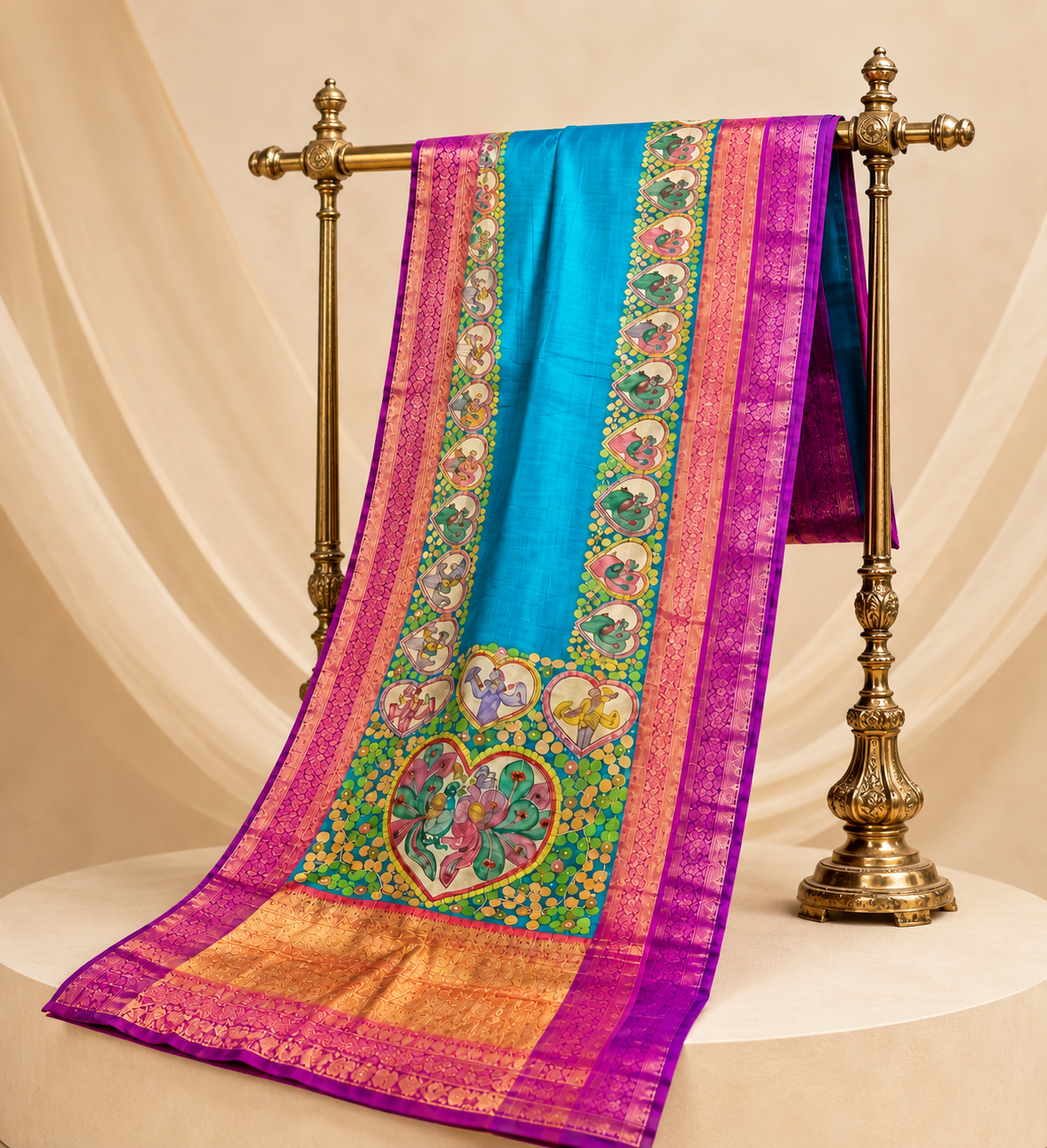 Peacock Blue Kalamkari Art Kanchi Pattu Saree