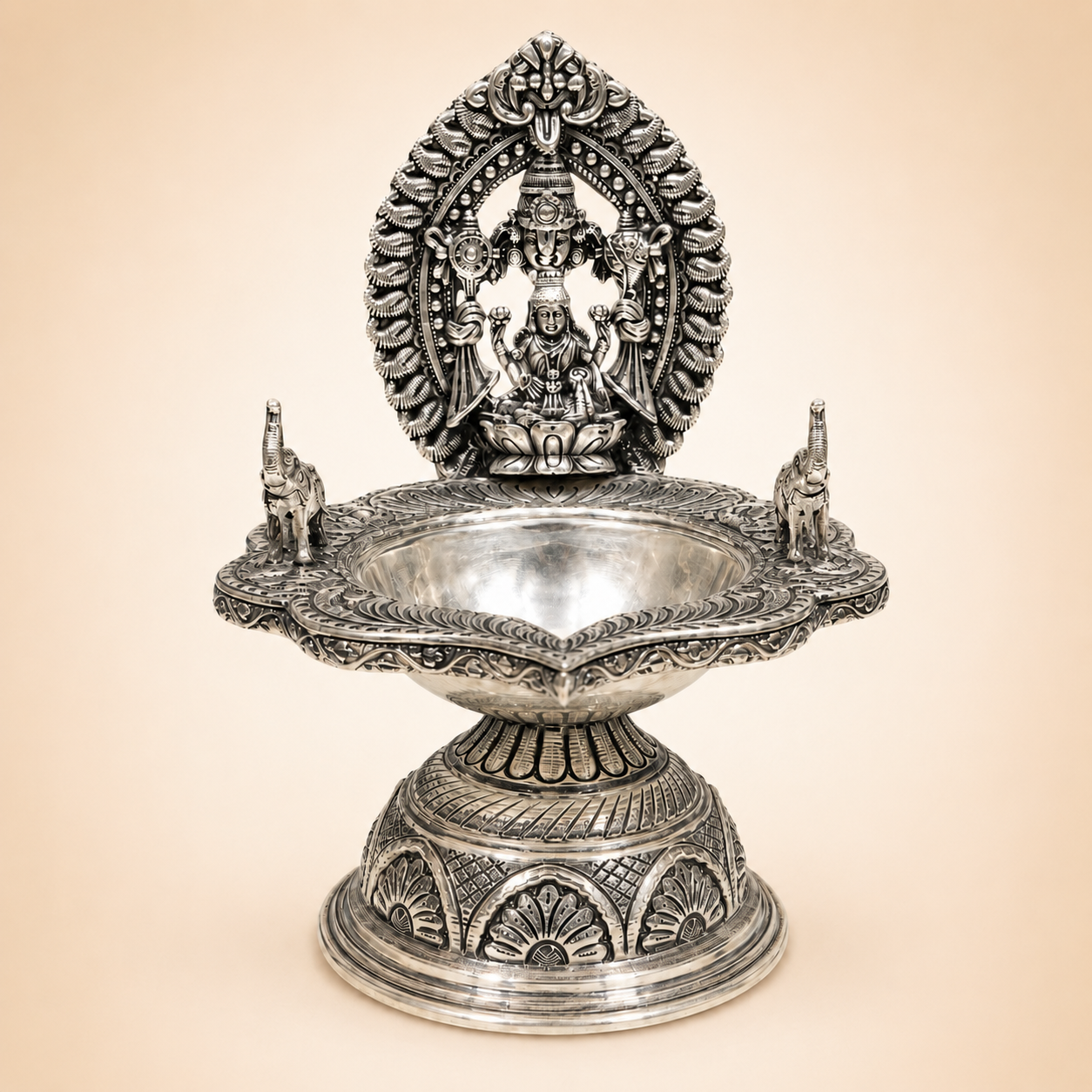 German Silver Lakshmi Balaji Diya Lamp Stand