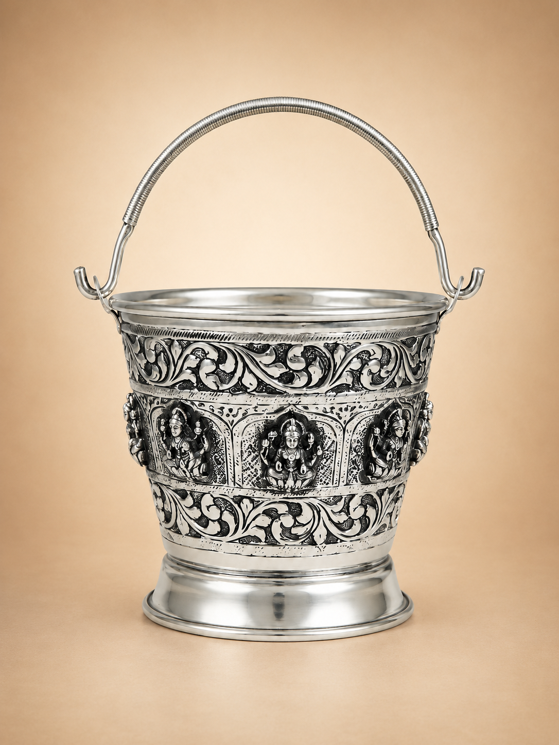 Goddess Lakshmi German Silver Bucket - Antique Embossed Design