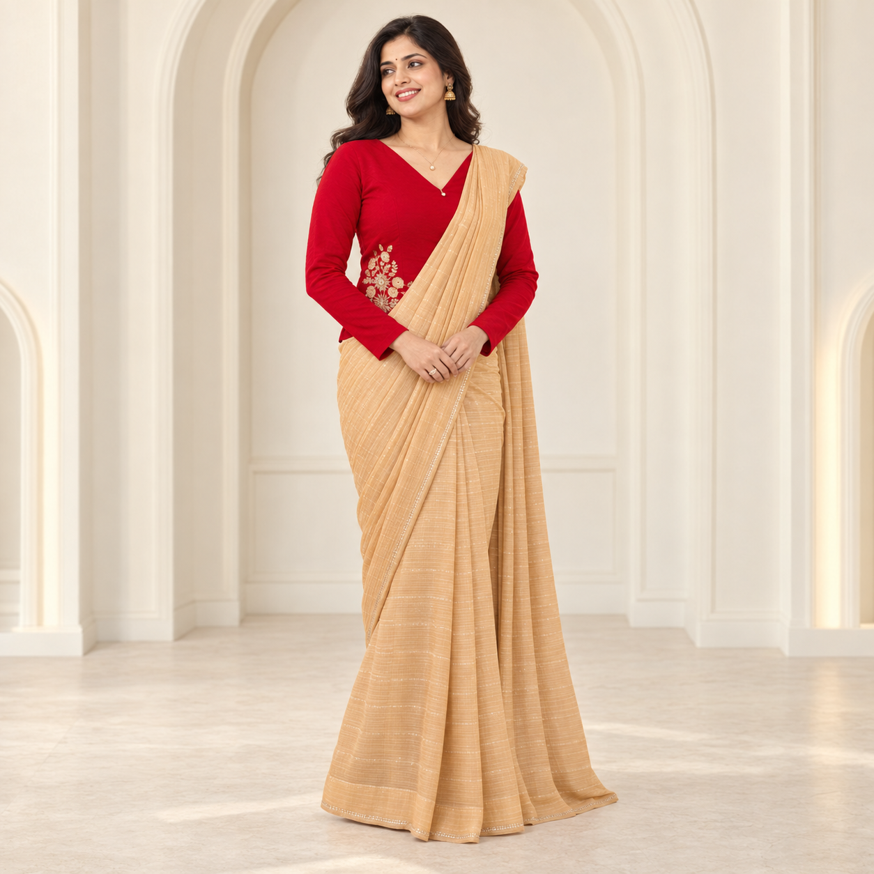 Elegant Beige & Red Saree