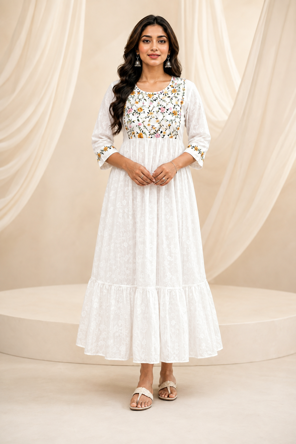 White Garden Floral Embroidered Tiered Frock