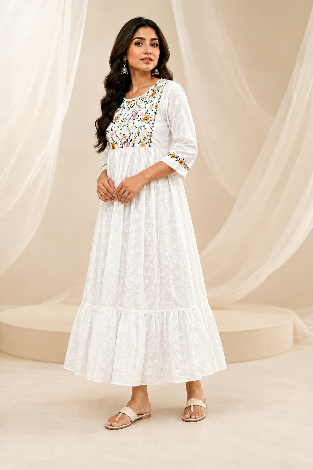 White Garden Floral Embroidered Tiered Frock