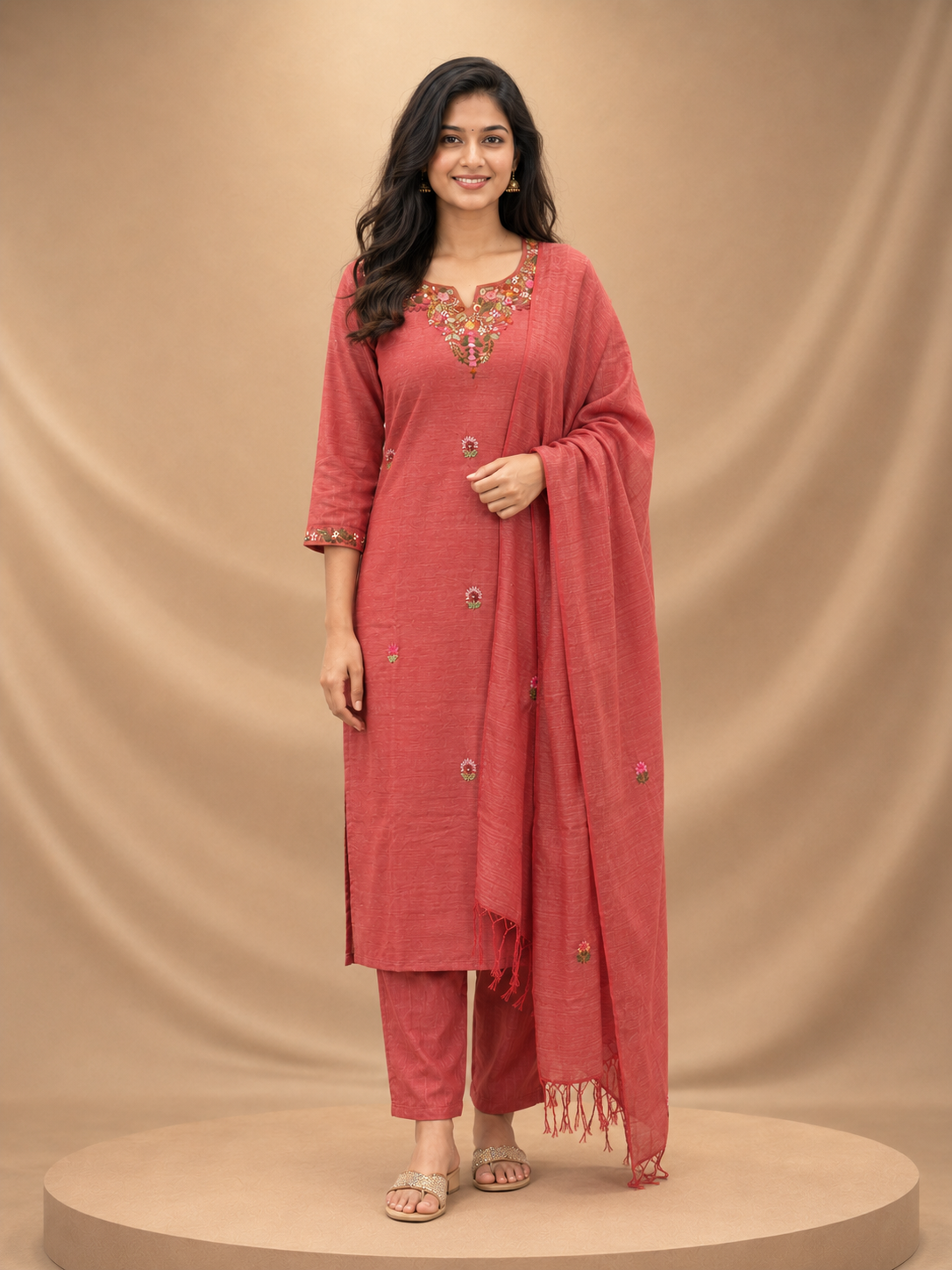 Dusty Coral Floral Embroidered 3-Piece Suit Set