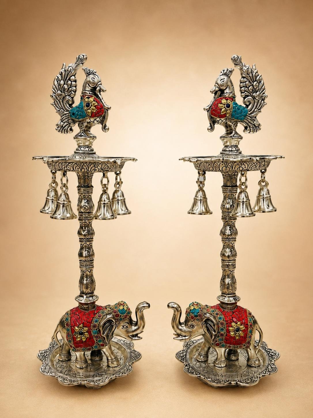 Designer Elephant & Peacock Diya Stand with Hanging Bells (Set of 2)
