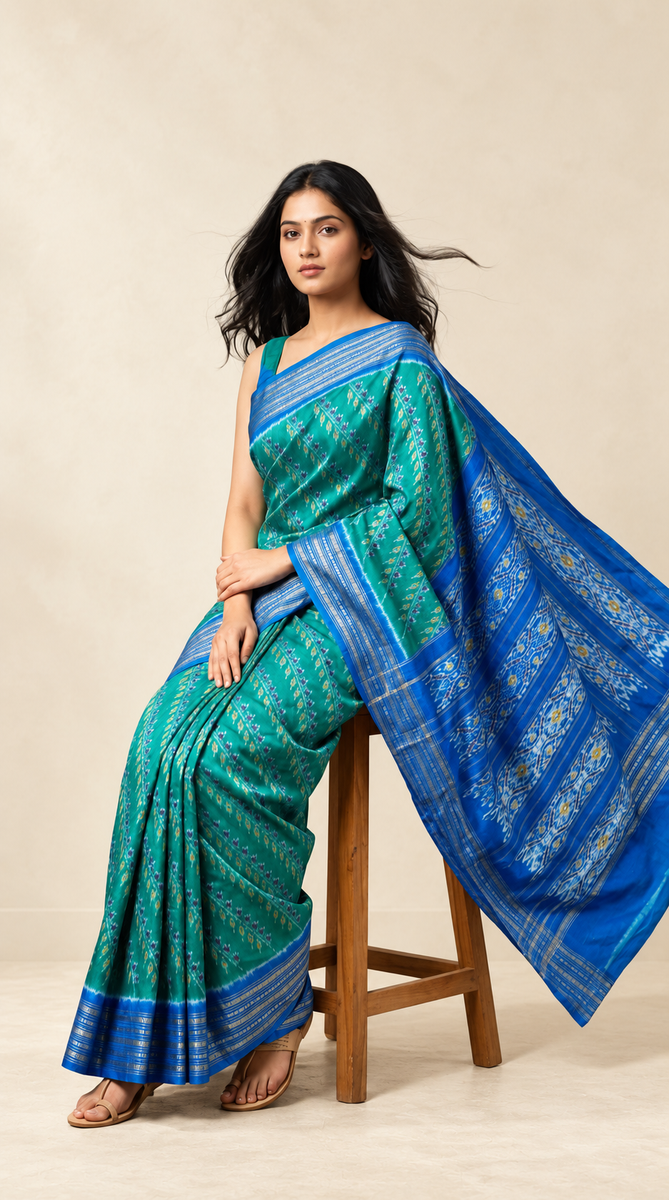 Teal_and_Royal_Blue_Pochampally_Ikkat_Pure_Silk_Saree