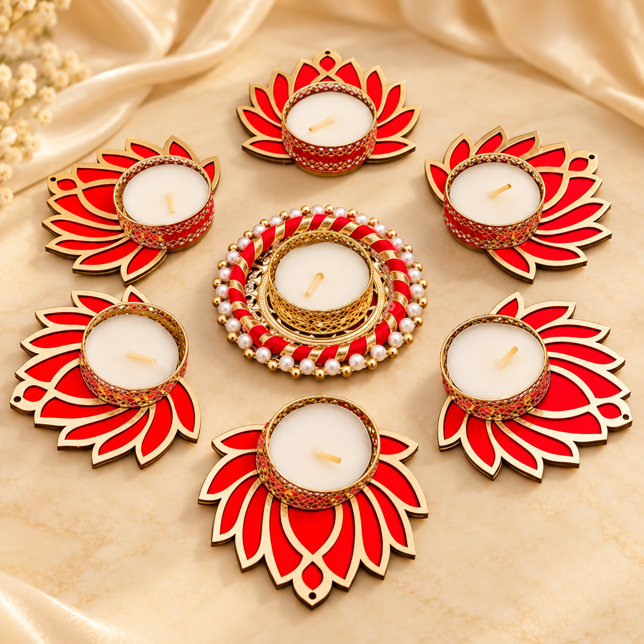 Red & Gold Lotus Tealight Holder Set