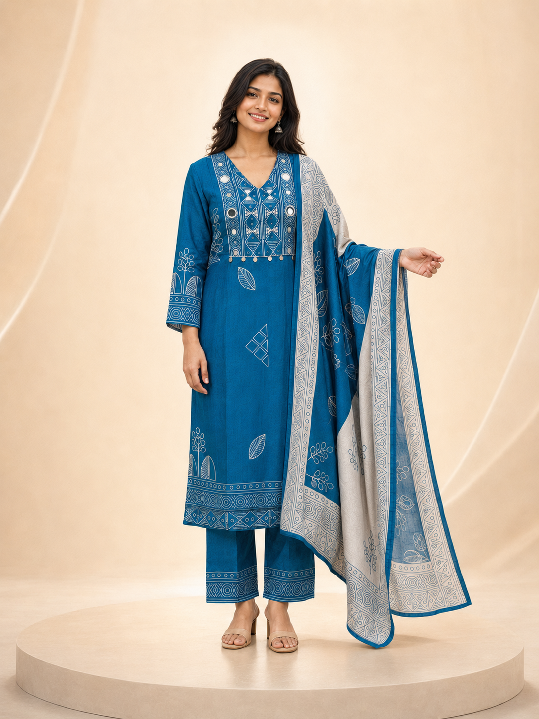 Royal Teal Blue Mirrorwork & Block Printed 3-Piece Silk Suit Set